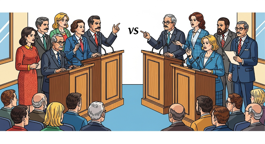 An image of two sides debating against each other