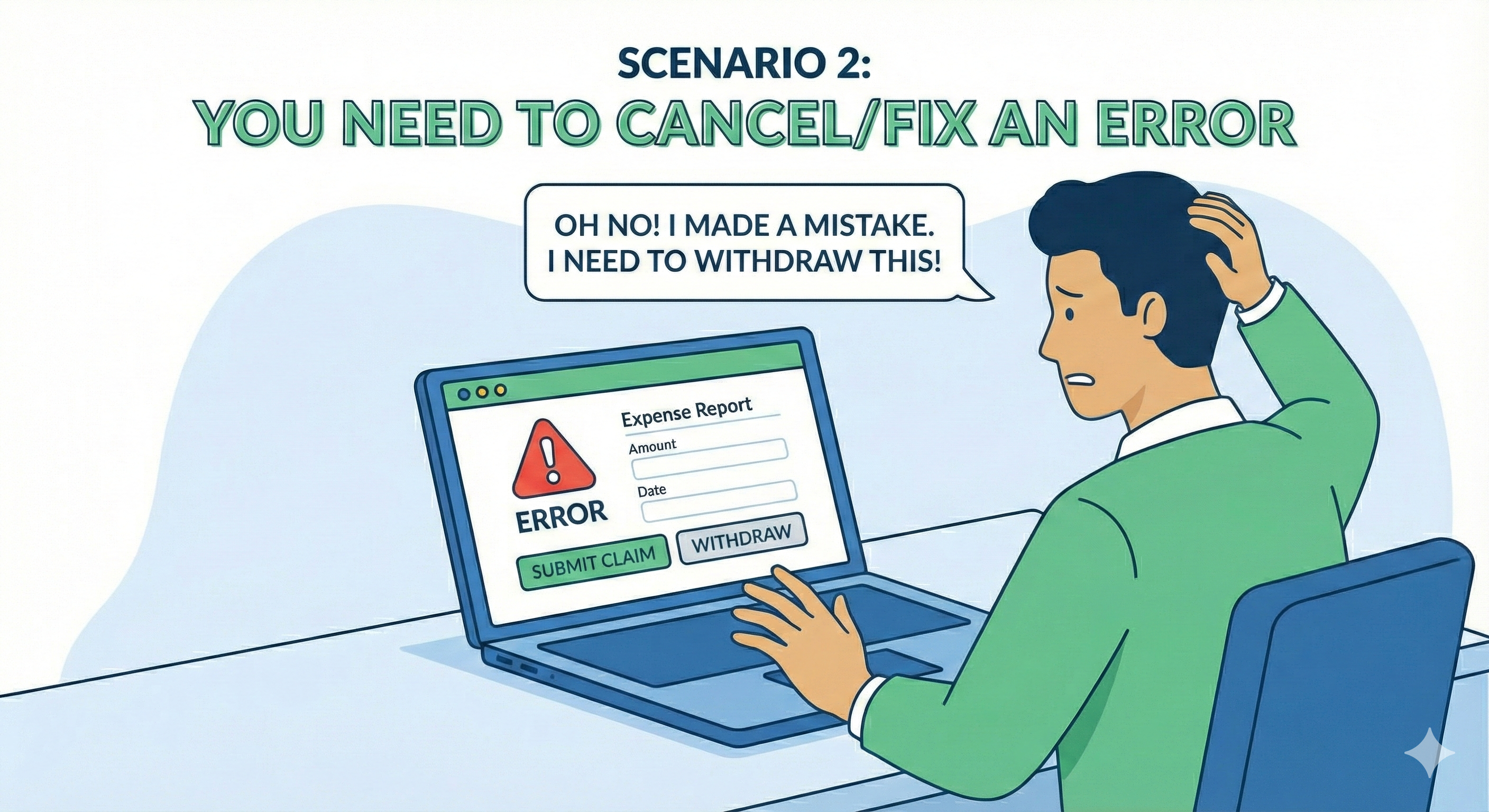 Illustration labeled “Scenario 2: You need to cancel/fix an error,” showing a worried man at a laptop with an expense report error message on the screen and options to submit or withdraw the claim, indicating the need to correct a mistake.