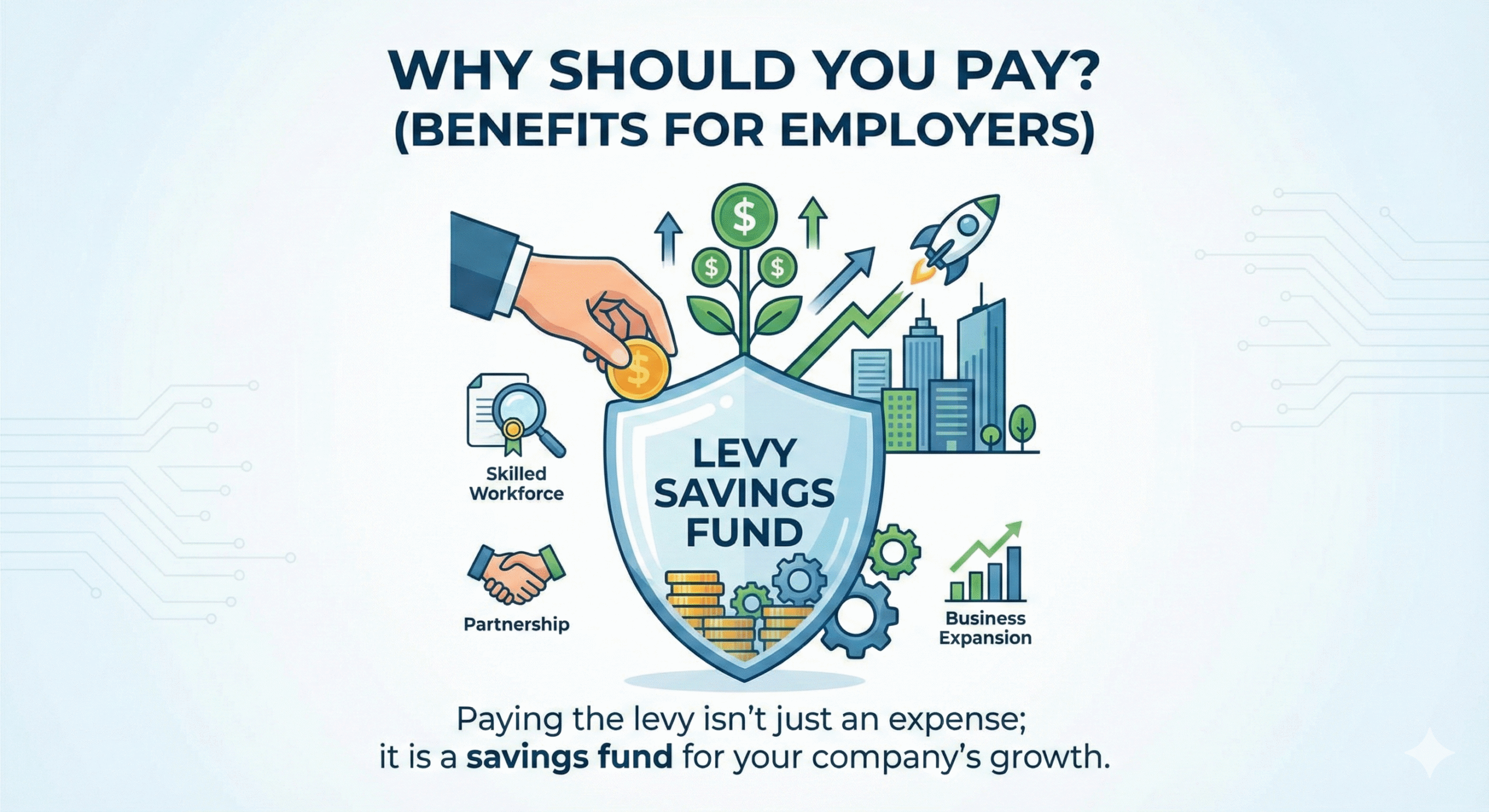 Infographic titled “Why Should You Pay? (Benefits for Employers)” showing a shield labeled “Levy Savings Fund” surrounded by icons for skilled workforce, partnerships, business expansion, and growth, emphasizing that paying the levy supports company development.