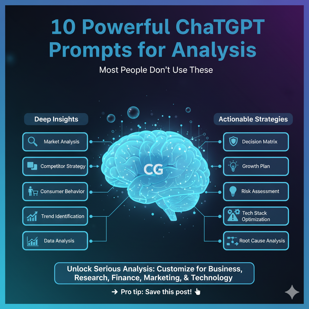 Graphic titled “10 Powerful ChatGPT Prompts for Analysis” featuring a glowing brain labeled “CG,” with side panels listing uses like market analysis, competitor strategy, consumer behavior, data analysis, decision matrix, growth plan, risk assessment, tech stack optimization, and root cause analysis.