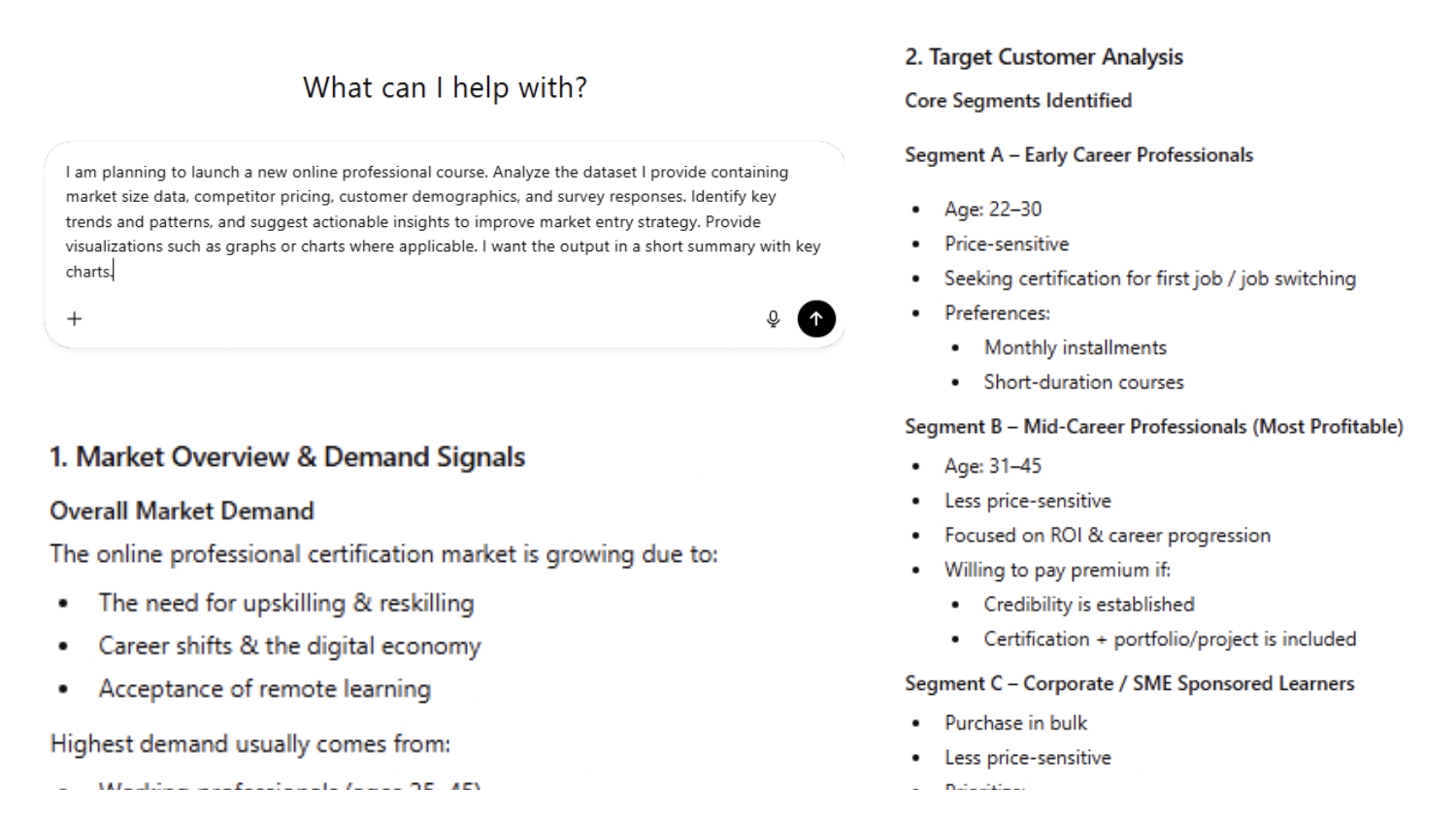Slide titled “Market Research Analysis” showing a sample AI prompt and summarized output, including market overview, demand signals, and target customer segments such as early career professionals, mid-career professionals, and corporate learners with their key traits.
