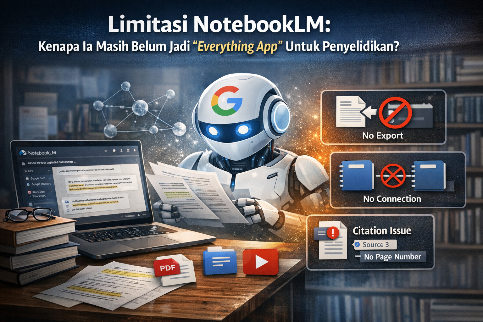 Ilustrasi profesional bertajuk ‘Limitasi NotebookLM’ menunjukkan robot AI berlogo Google menganalisis dokumen di meja, dengan laptop memaparkan antaramuka NotebookLM serta ikon masalah utama seperti ‘No Export’, ‘No Connection’, dan ‘Citation Issue (No Page Number)’ berlatar rak buku
