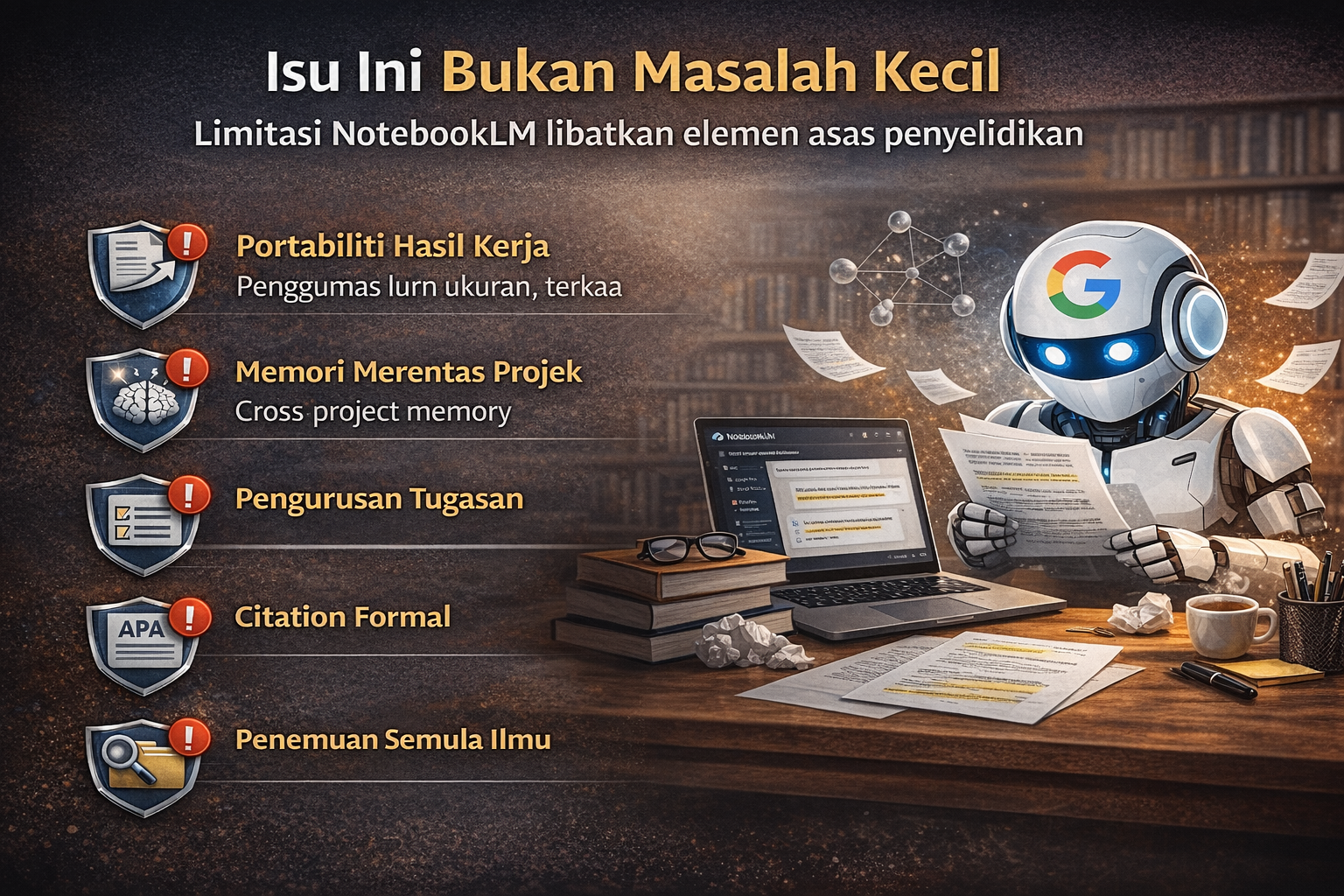 Infografik profesional bertajuk ‘Isu Ini Bukan Masalah Kecil’ yang menerangkan limitasi NotebookLM dalam penyelidikan, memaparkan lima elemen utama iaitu portabiliti hasil kerja, memori merentas projek, pengurusan tugasan, citation formal dan penemuan semula ilmu. Ilustrasi menunjukkan robot AI di meja kerja dengan laptop memaparkan antaramuka NotebookLM serta ikon perisai bagi setiap isu.