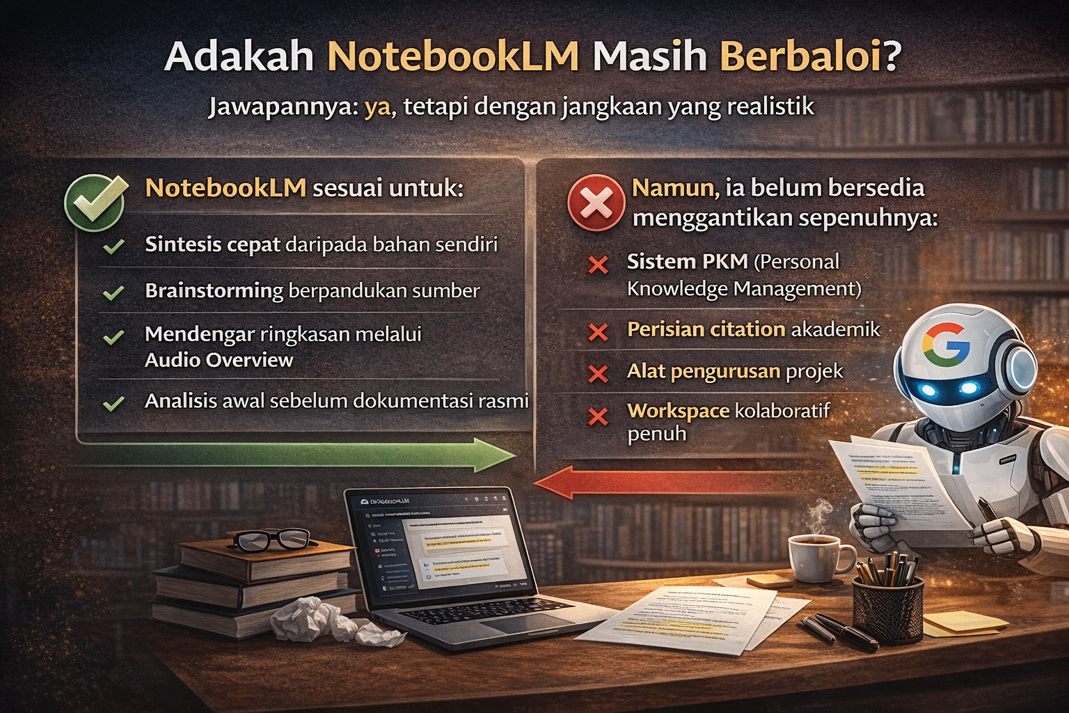Infografik profesional bertajuk ‘Adakah NotebookLM Masih Berbaloi?’ yang memaparkan perbandingan dua bahagian: sebelah kiri menyenaraikan kegunaan NotebookLM seperti sintesis cepat, brainstorming berpandukan sumber, Audio Overview dan analisis awal; sebelah kanan menunjukkan kekangannya seperti tidak menggantikan sistem PKM, perisian citation akademik, alat pengurusan projek dan workspace kolaboratif penuh. Ilustrasi berlatar meja kajian dengan laptop memaparkan NotebookLM dan robot AI membaca dokumen